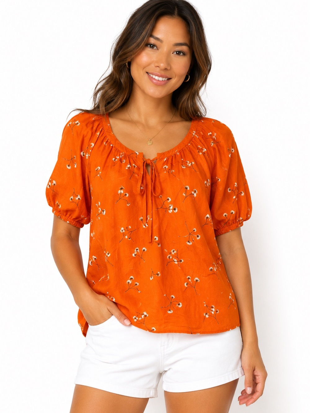 (A4c) danielrainn Orange Floral tie front blouse, Size S,‎ NWT
